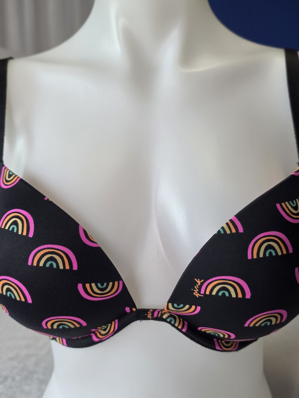 Pink Victoria's Secret Super Push Up Bra 34D Rainbows Add 2 Cup Sizes Underwire